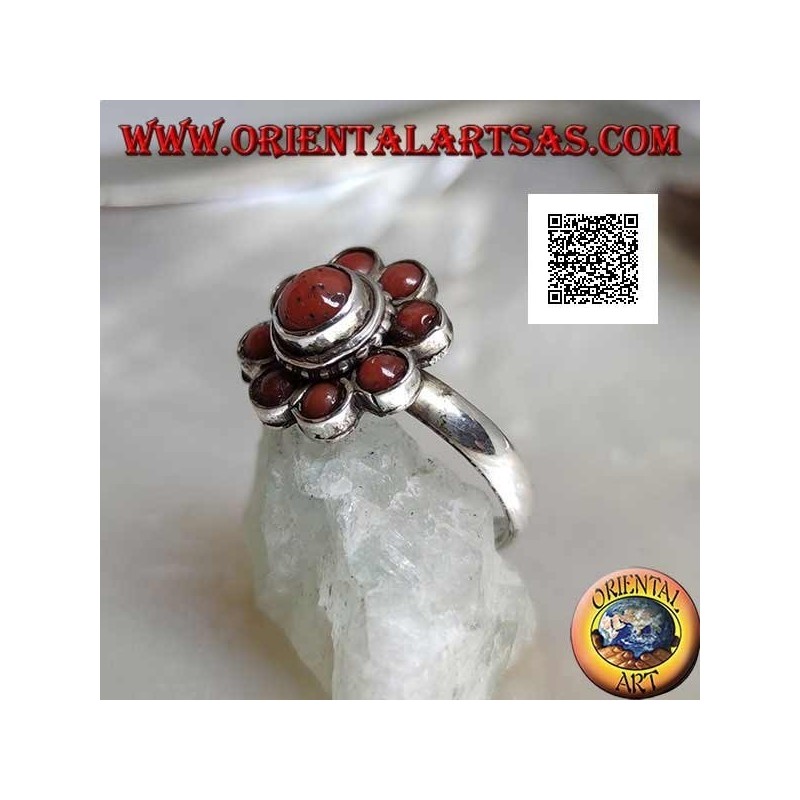 Pequeño anillo de plata en forma de margarita con antiguos corales tibetanos (11)