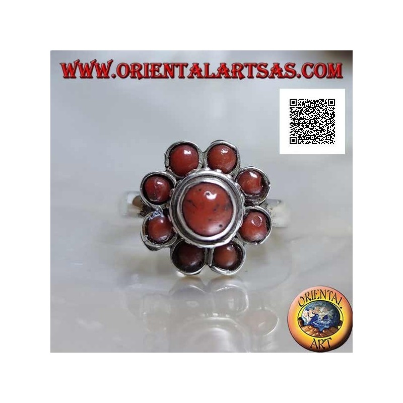 Pequeño anillo de plata en forma de margarita con antiguos corales tibetanos (11)