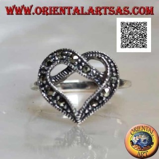 Silver ring with central interlace in the shape of a heart studded with marcasite