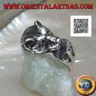 Tête d'ours mordant sa queue bague en argent avec empreintes gravées
