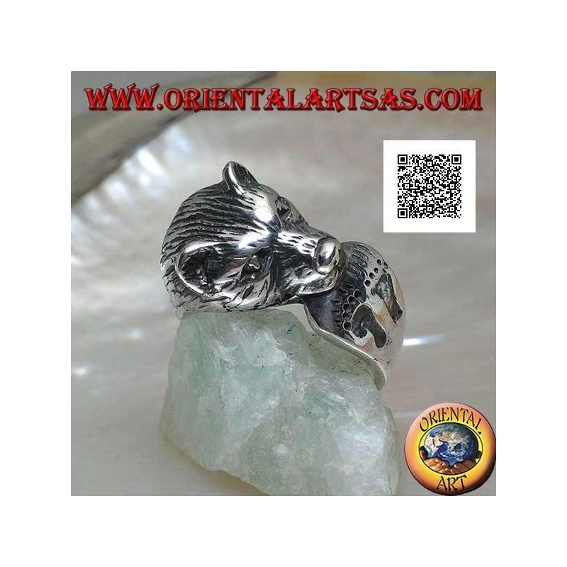 Tête d'ours mordant sa queue bague en argent avec empreintes gravées