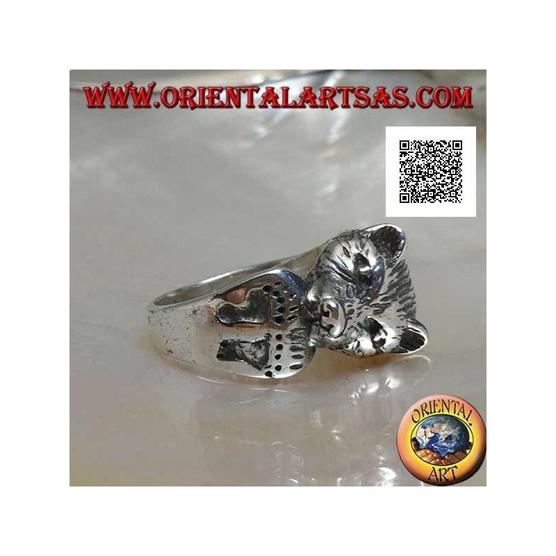 Tête d'ours mordant sa queue bague en argent avec empreintes gravées