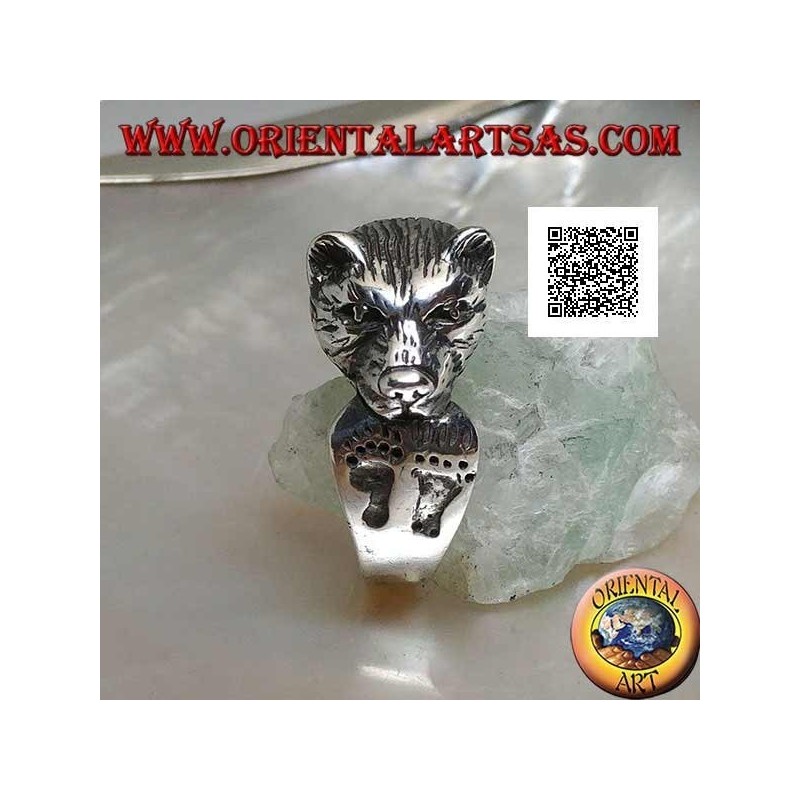 Tête d'ours mordant sa queue bague en argent avec empreintes gravées