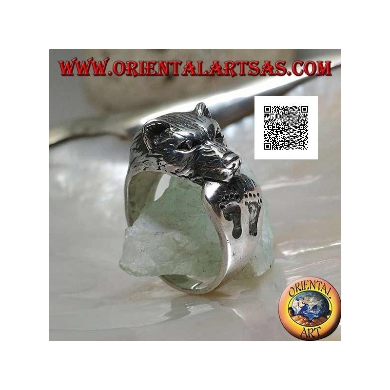 Bear head biting its tail silver ring with engraved footprints