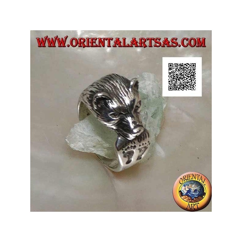 Bear head biting its tail silver ring with engraved footprints