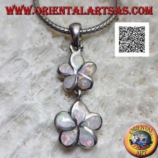 Paire de pendentif en argent de fleurs à 5 pétales (fraise des bois) verticalement avec opale arlequin