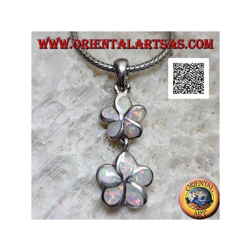 Silver pendant pair of 5-petaled flowers (wild strawberry) vertically with harlequin opal