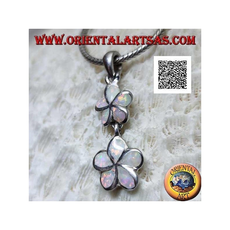 Colgante de plata par de flores de 5 pétalos (fresa silvestre) en vertical con ópalo arlequín