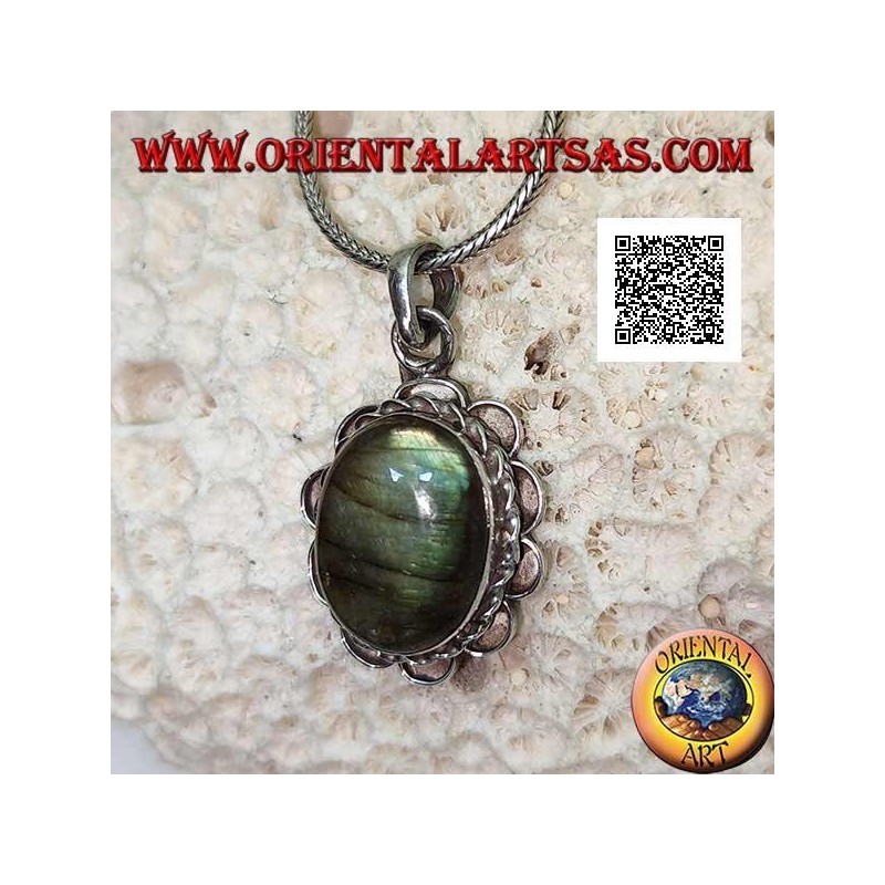 Silver pendant with large oval cabochon labradorite surrounded by cord and semicircles