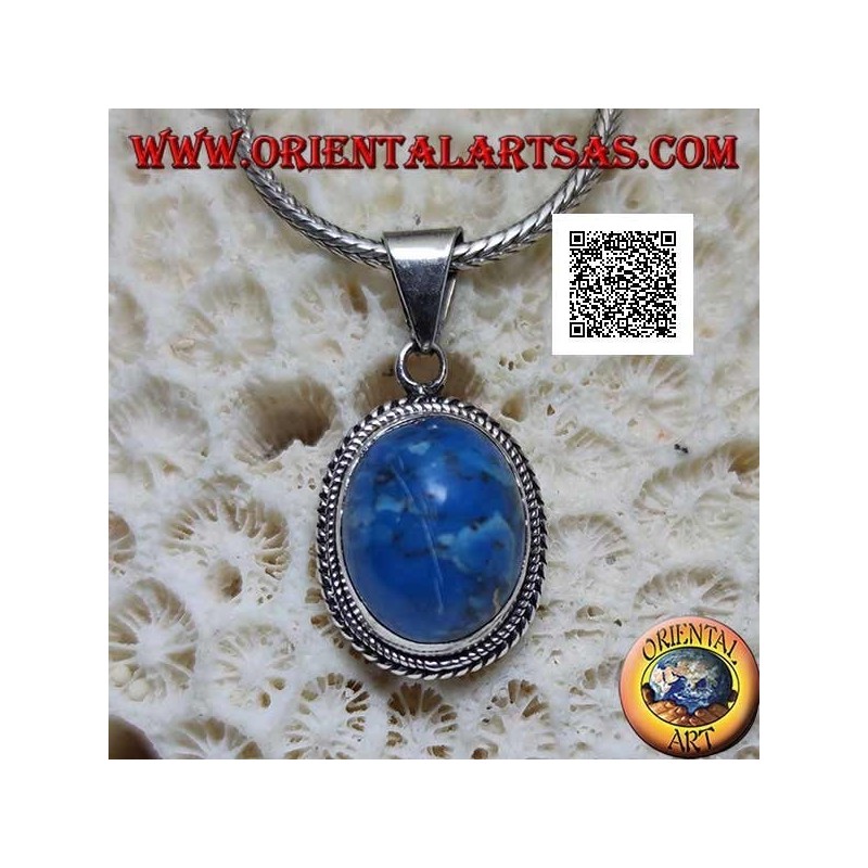 Pendentif en argent avec cabochon ovale turquoise entouré d'un double tissage bidimensionnel