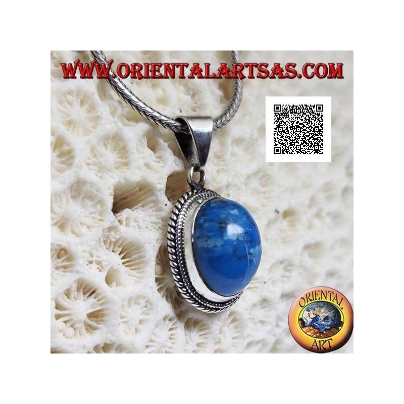 Pendentif en argent avec cabochon ovale turquoise entouré d'un double tissage bidimensionnel