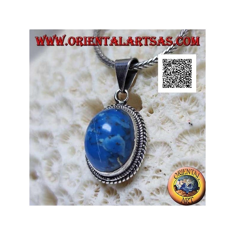 Pendentif en argent avec cabochon ovale turquoise entouré d'un double tissage bidimensionnel