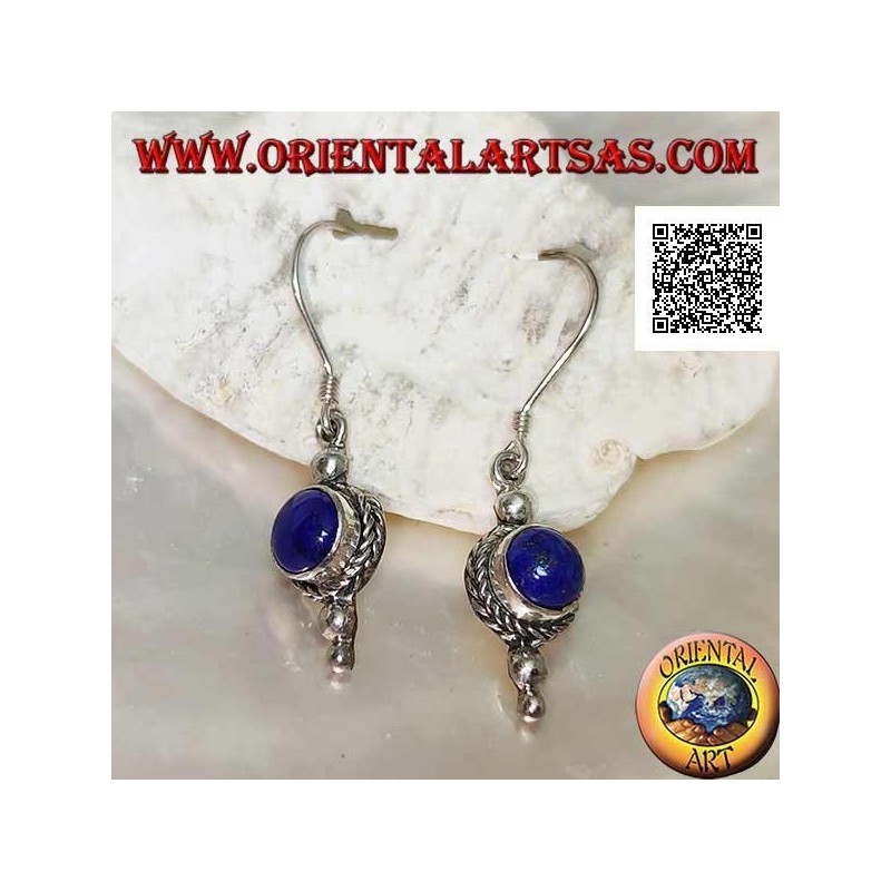 Silver pendant earrings with round lapis lazuli surrounded by weaving and two balls below