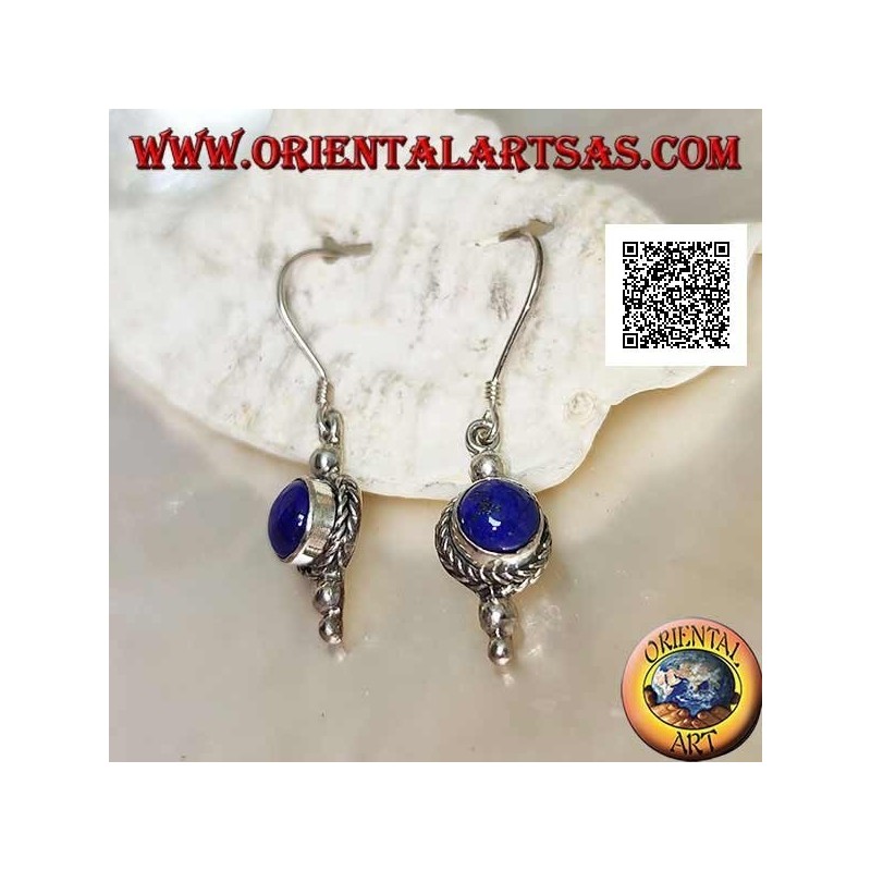 Silver pendant earrings with round lapis lazuli surrounded by weaving and two balls below