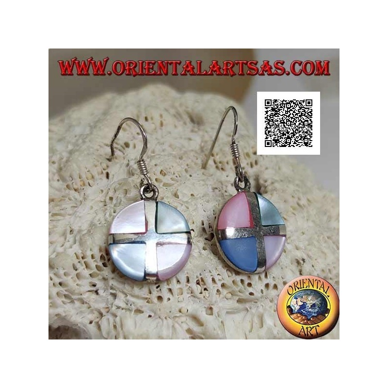 Silver round pendant earrings with multicolor mother-of-pearl triangles divided by a cross
