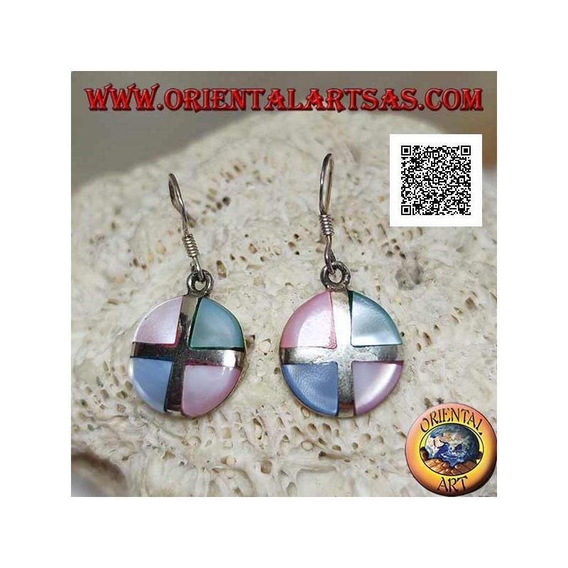 Silver round pendant earrings with multicolor mother-of-pearl triangles divided by a cross