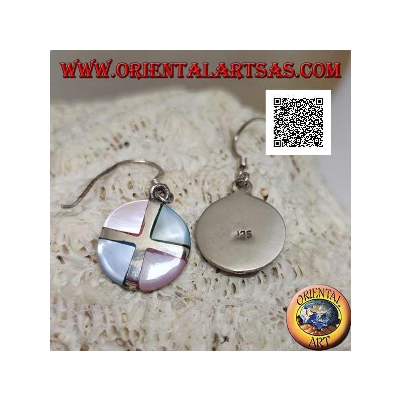 Silver round pendant earrings with multicolor mother-of-pearl triangles divided by a cross