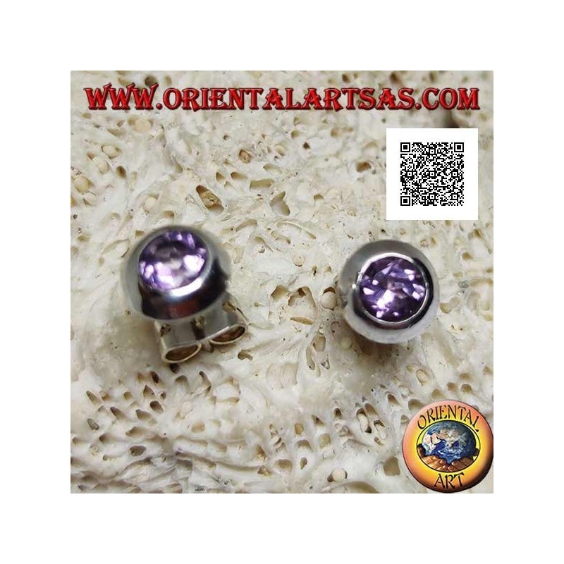 Silver lobe earrings with natural round amethyst set flush with the edge