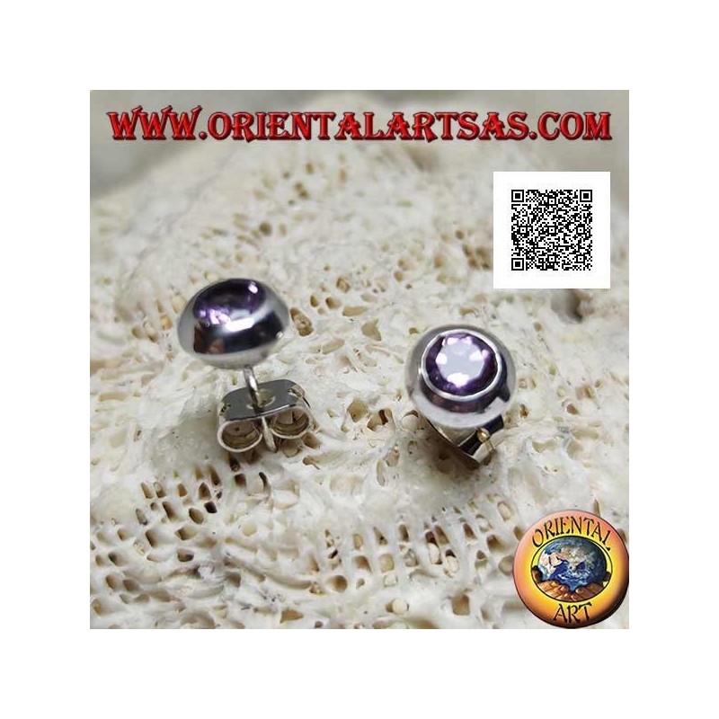 Silver lobe earrings with natural round amethyst set flush with the edge