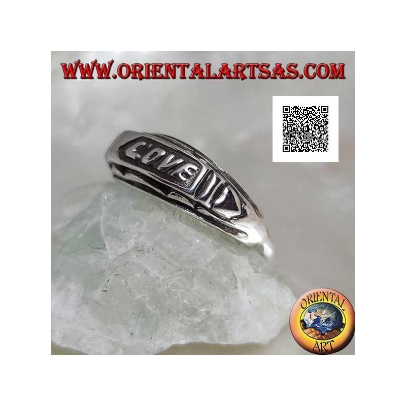 Silver ring with "LOVE" writing in bas-relief on a plate