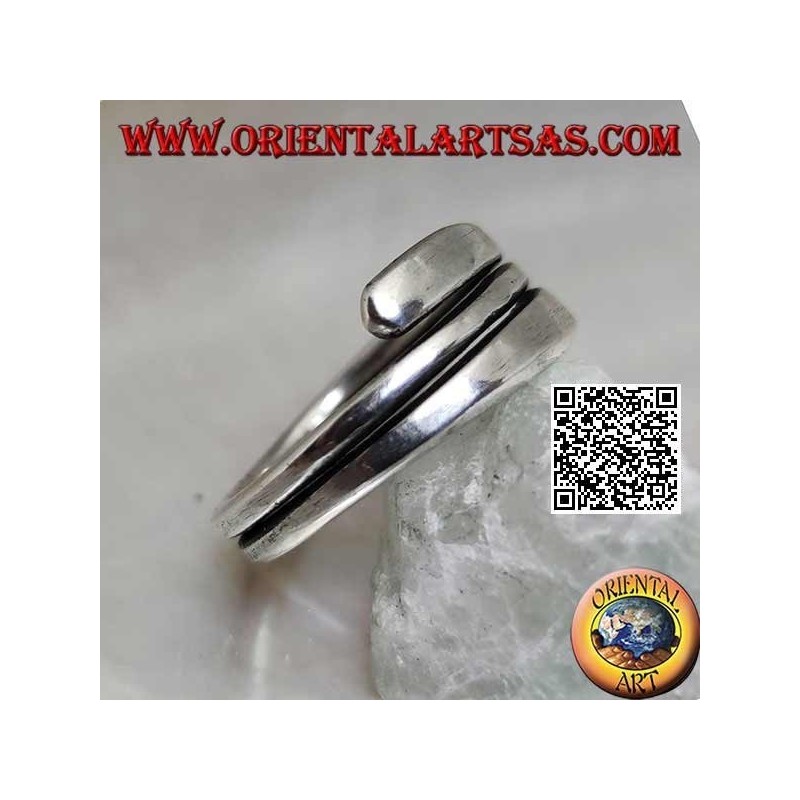 Anillo plateado liso, línea de doble vuelta con extremos aplanados