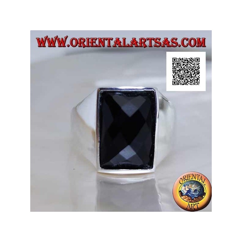 Silver ring with slightly raised rectangular curved faceted onyx on smooth setting
