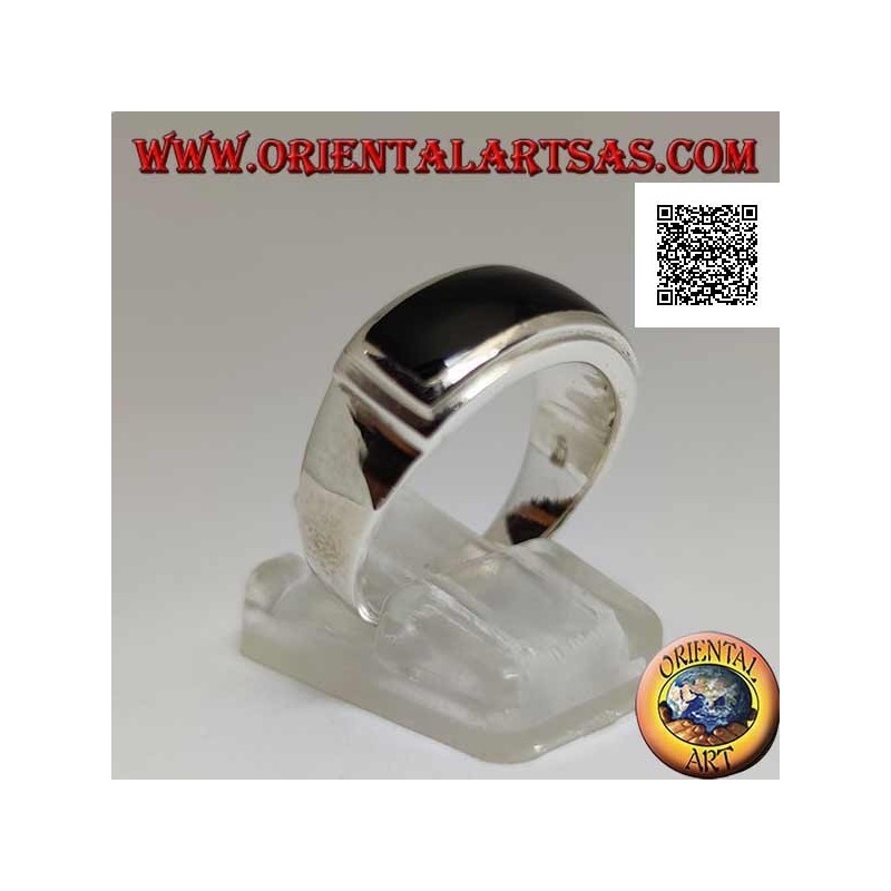 Bague en argent avec onyx rectangulaire horizontal affleurant avec double bord relevé lisse