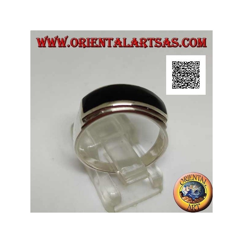 Silberring mit horizontalem rechteckigem Onyx bündig mit doppelter glatter erhabener Kante