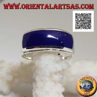 Bague en argent avec lapis lazuli rectangulaire horizontal affleurant avec double bord relevé lisse