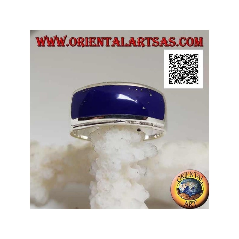 Bague en argent avec lapis lazuli rectangulaire horizontal affleurant avec double bord relevé lisse