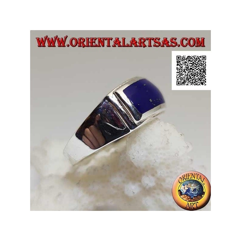 Anillo de plata con lapislázuli rectangular horizontal a ras con doble borde liso en relieve