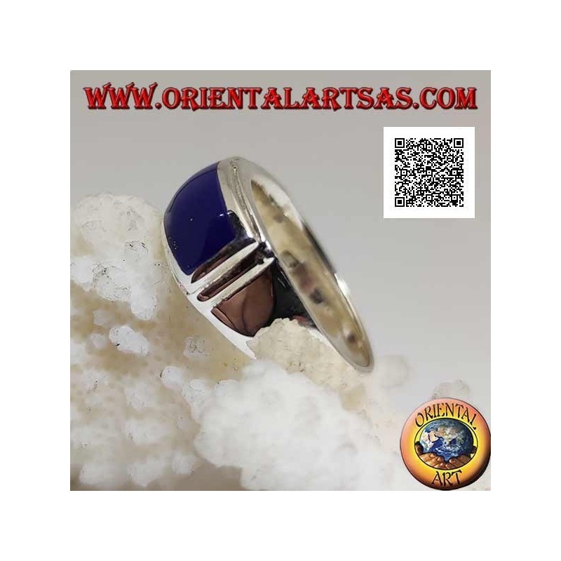 Silver ring with horizontal rectangular lapis lazuli flush with double smooth raised edge