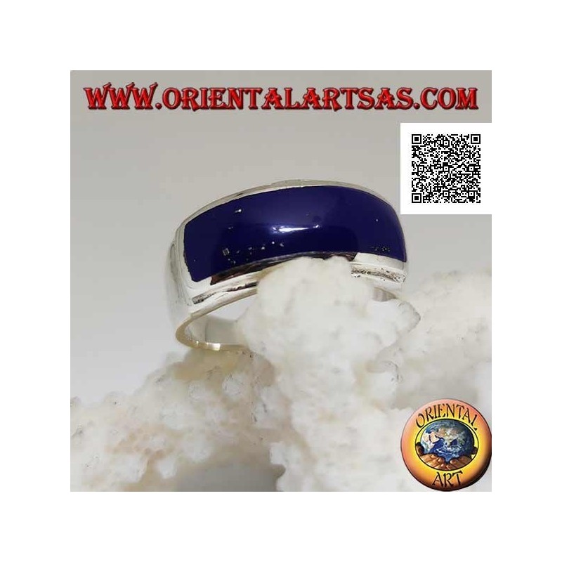 Anello in argento con lapislazzulo rettangolare orizzontale a filo con doppio bordo sollevato liscio