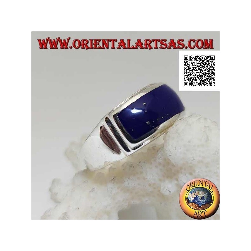 Silver ring with horizontal rectangular lapis lazuli flush with double smooth raised edge
