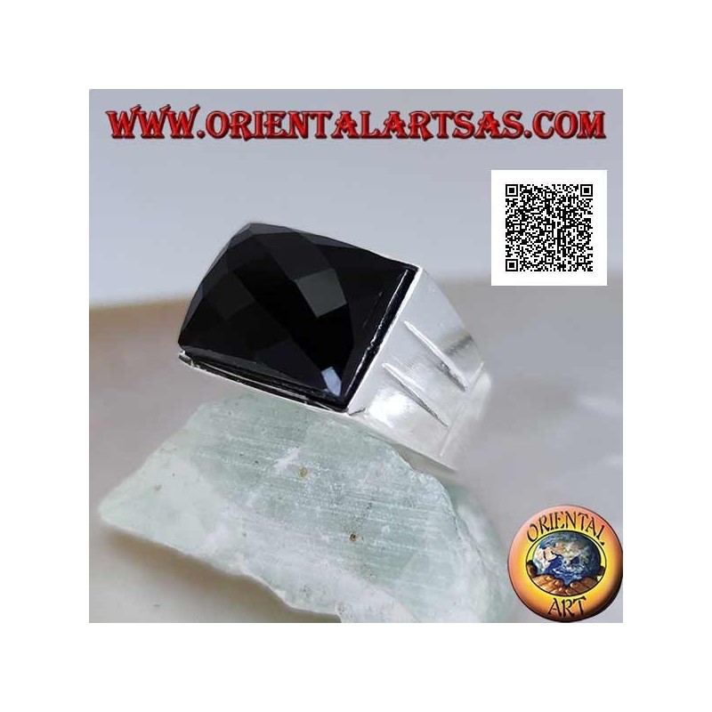 Silver ring with faceted rectangular curved onyx on smooth frame with two lateral lines