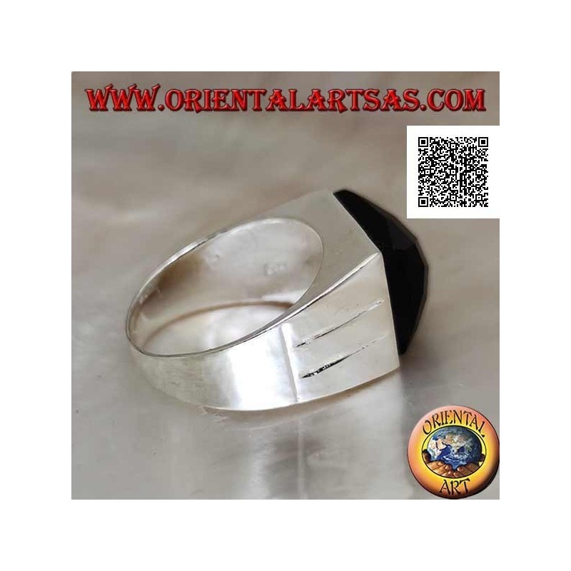 Silver ring with faceted rectangular curved onyx on smooth frame with two lateral lines