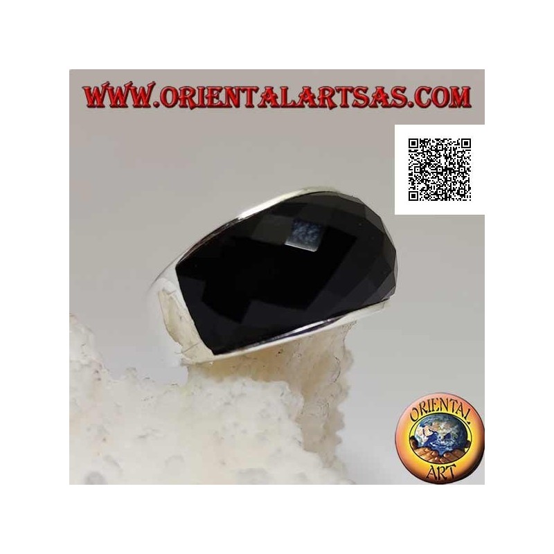 Silver ring with rounded rectangular faceted curved onyx on smooth setting