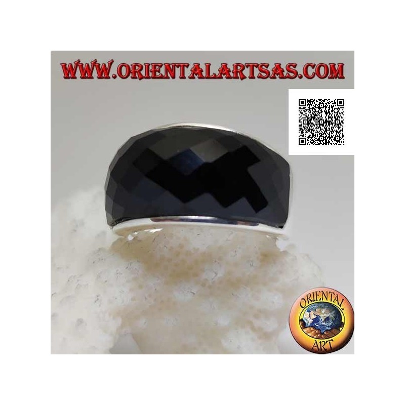 Silver ring with rounded rectangular faceted curved onyx on smooth setting