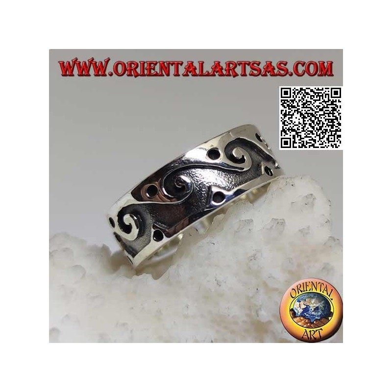 Bague en argent avec vagues et boules gravées