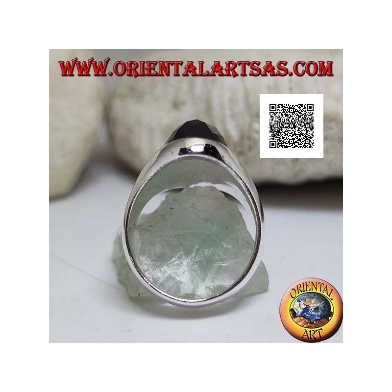 Silver ring with narrow elongated faceted oval onyx on smooth frame