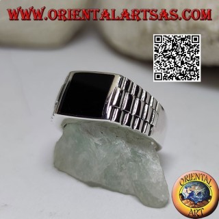Silberring mit quadratischem Onyx und Uhrenglied an den Seiten