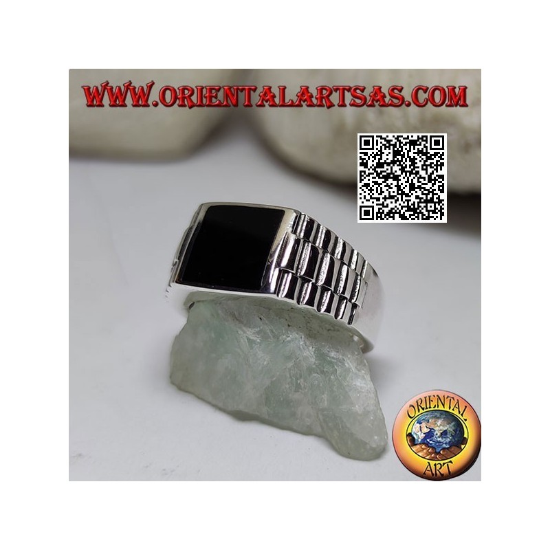 Silberring mit quadratischem Onyx und Uhrenglied an den Seiten