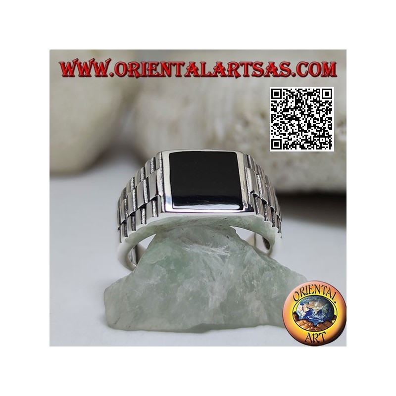 Silver ring with square onyx and clock link on the sides