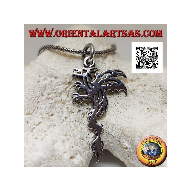Silver pendant in the shape of a wyvern (two-legged winged dragon) in a tribal style profile