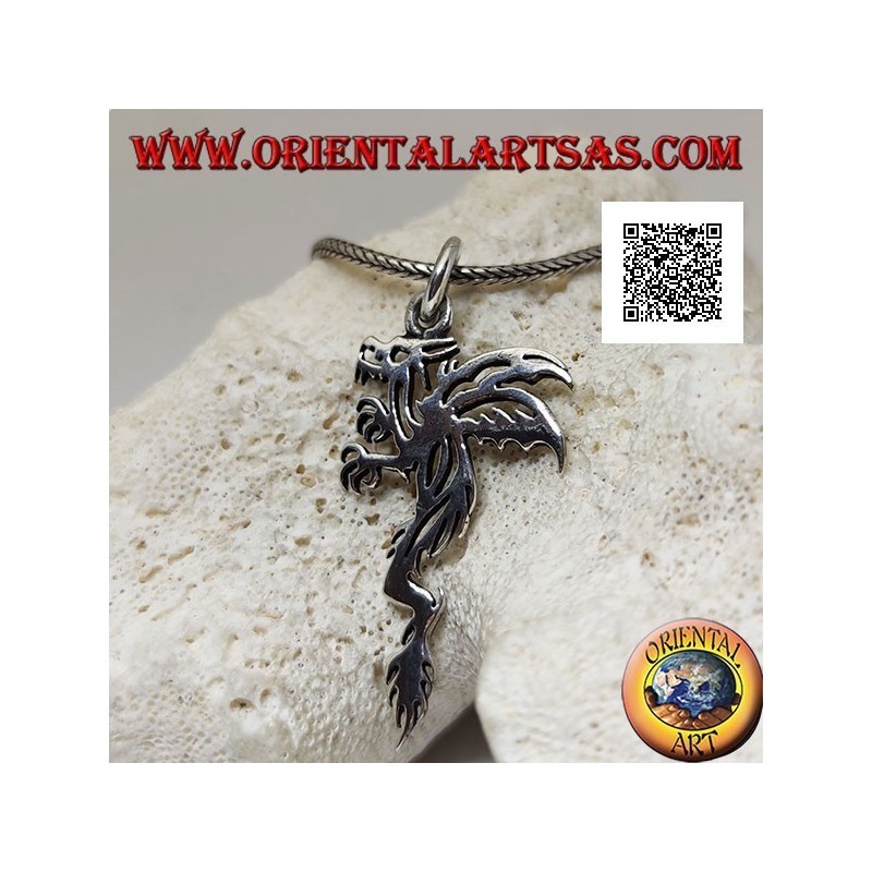 Silver pendant in the shape of a wyvern (two-legged winged dragon) in a tribal style profile