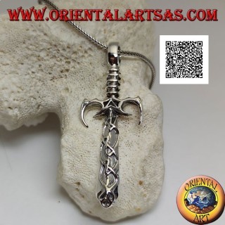 Silver sword pendant with guard and pointed ratchets and blade with Celtic decorations