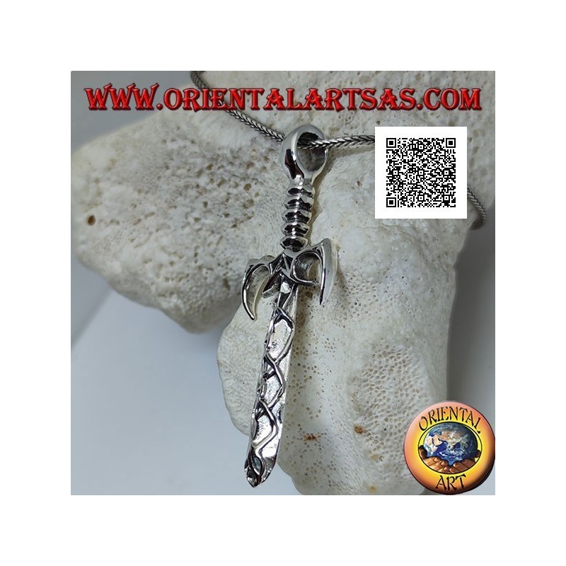 Silver sword pendant with guard and pointed ratchets and blade with Celtic decorations