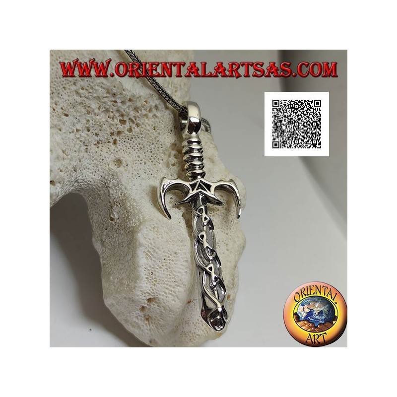 Silver sword pendant with guard and pointed ratchets and blade with Celtic decorations