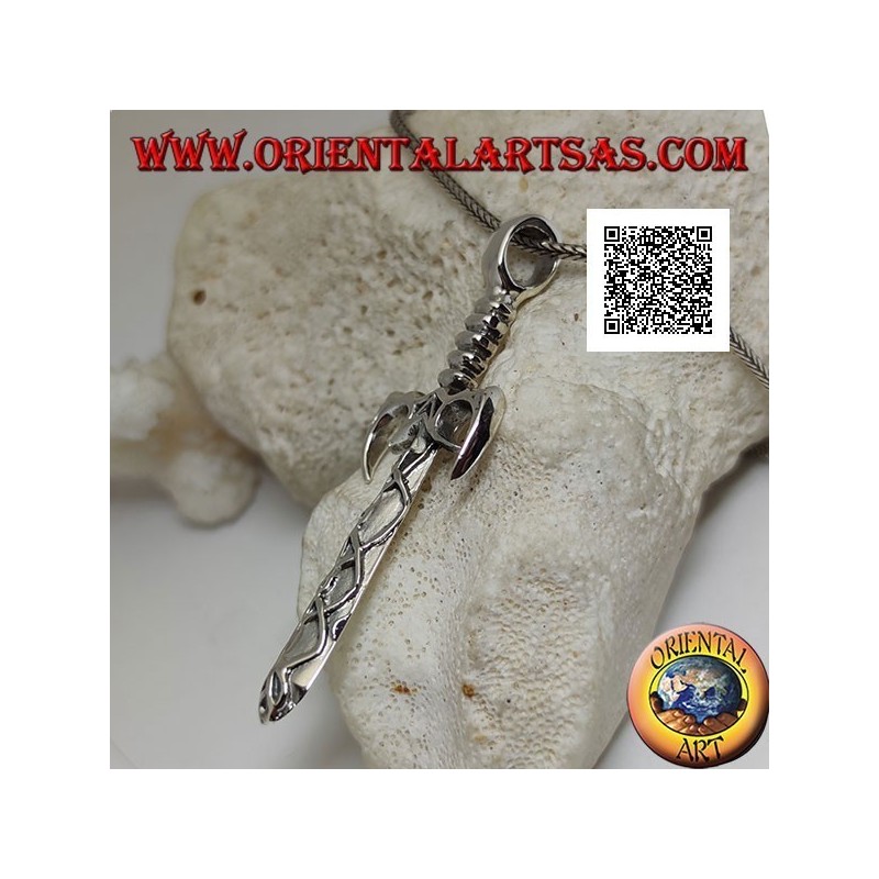 Silver sword pendant with guard and pointed ratchets and blade with Celtic decorations