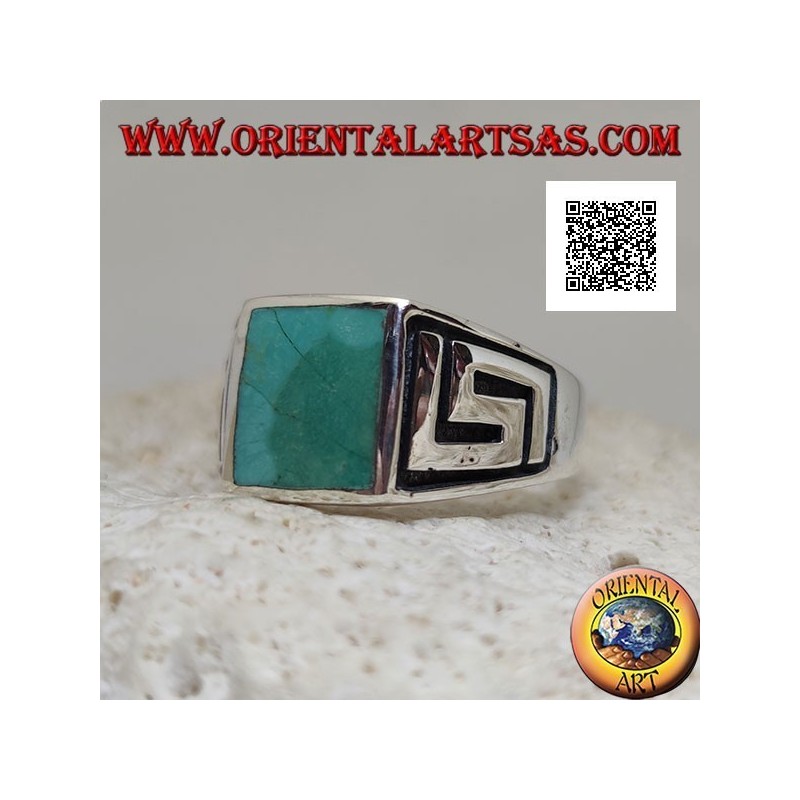 Silver ring with natural square turquoise and labyrinth on the sides (30)